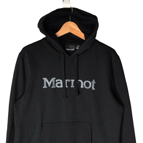 Marmot Black Pullover Hoodie Branded Grey Spellout Outdoors Cotton Blend Large - Picture 3 of 11